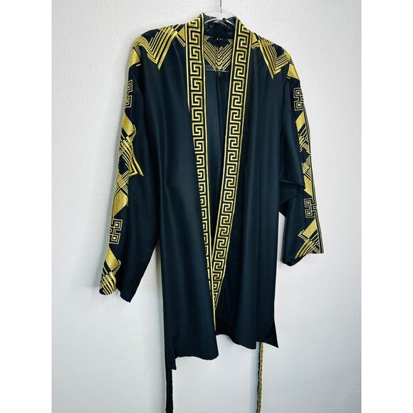Versace Belted Gold Embroidered Black Wool Blend Kimono Jacket M - Picture 4 of 14